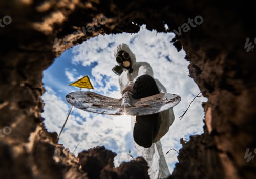 Preview: Ecologist digging pit by shovel and planting tree in polluted area.