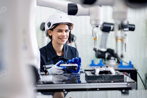 Preview: Modern industrial technology. Female Robotics engineer fitting sensors in robotics research facility