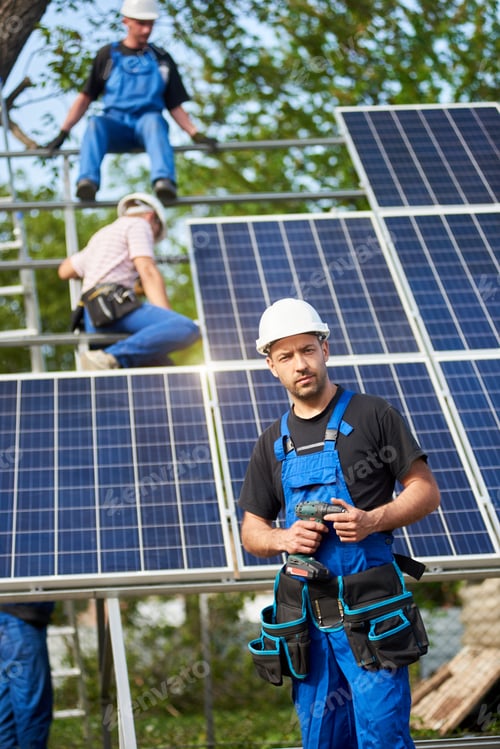 Preview: Stand-alone exterior solar panel system installation, renewable green energy generation concept.