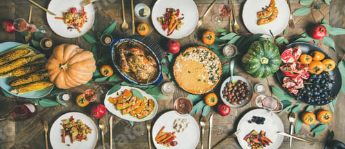 Preview: Flat-lay of different meals at Thanksgiving Day table