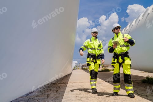 Preview: engineers in high visibility safety gear conduct a detailed inspection of a wind turbine blade.