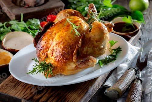 Preview: Whole Roasted Chicken on white plate with rosemary, sauces and vegetables