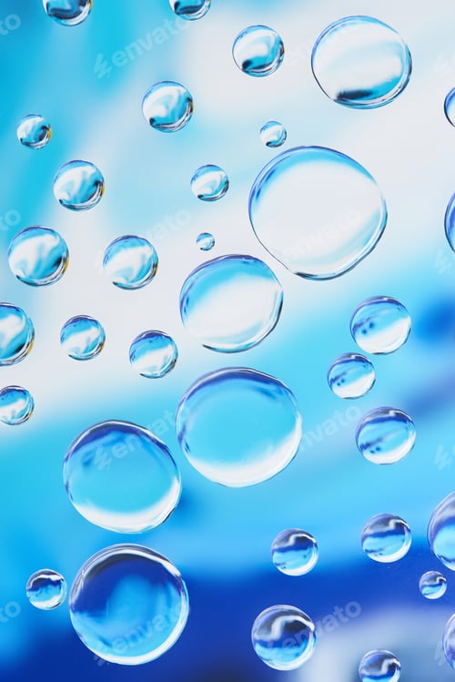 Preview: close-up view of beautiful transparent water drops on blue abstract background