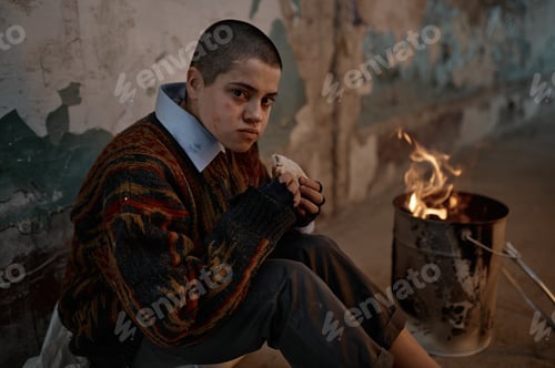 Preview: Poor homeless woman eating sandwich and warming at bonfire
