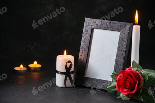 Preview: front view of burning candles with red flower on dark background funeral death evil