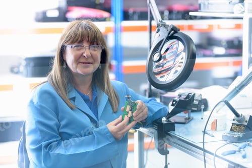 Preview: Female worker soldering electronic parts in clean room in electronics factory