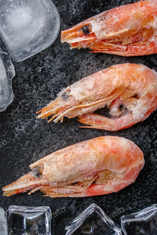 Preview: Shrimp Boiled Frozen (Long-Term Seafood Products) Menu Concept. Background. Top View. Copy Space