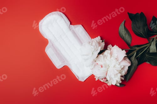 Preview: sanitary napkin with beautiful peonies on a red background, health care, monthly protection