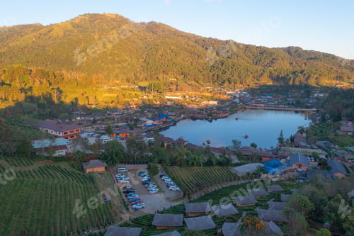 Preview: Aerial view of Ban Rak Thai village, chinese hotel resort, Mae Hong Son, Thailand. Nature landscape