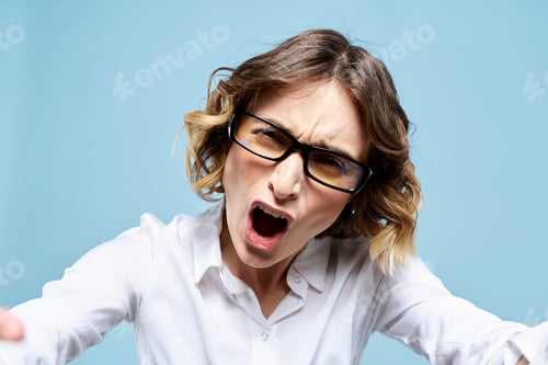 Preview: Business woman with business cards credit card blue background work