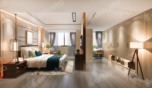 Preview: 3d rendering luxury modern bedroom suite tv with wardrobe and walk in closet