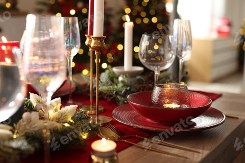 Preview: Christmas place setting with festive decor on wooden table in room, closeup
