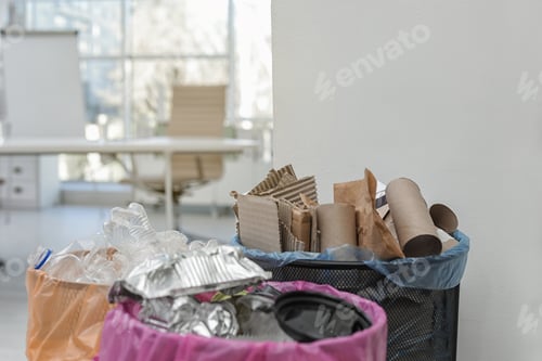 Preview: Full trash cans in modern office, space for text. Waste recycling
