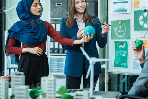 Preview: Diverse team, middle-aged Asian businessman, Caucasian young businesswoman, Muslim hijab-wearing