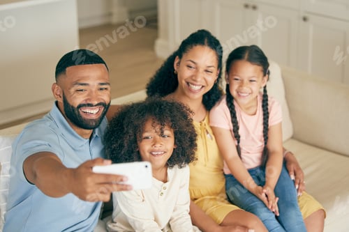 Preview: Family, home selfie and children with parents on social media, online memory and bond together on s