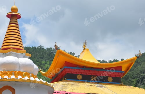 Preview: Low angle view of Buddhist temple roof in Rewalsar lake (Mandi), Himachal Pradesh, India