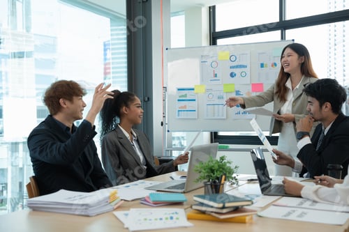Preview: Diverse business people meeting new startup project pointing graph discussion and analysis data