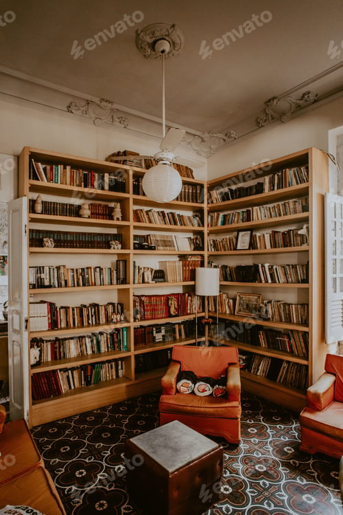 Preview: Vertical shot of a vintage room with bookshelves and orange armchairs