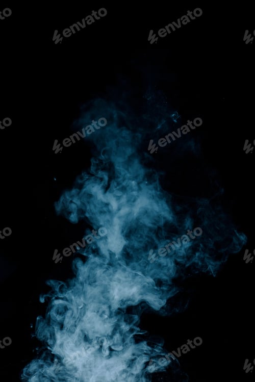 Preview: Steam texture from a hot drink on a black background. Blue smoke with copy space.