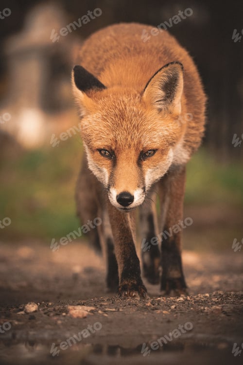 Preview: Red fox standing in a grassy field with its head bowed.