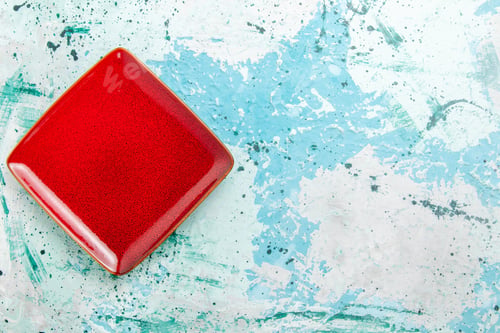 Preview: top view red plate square formed empty on blue background plate kitchen food color cutlery