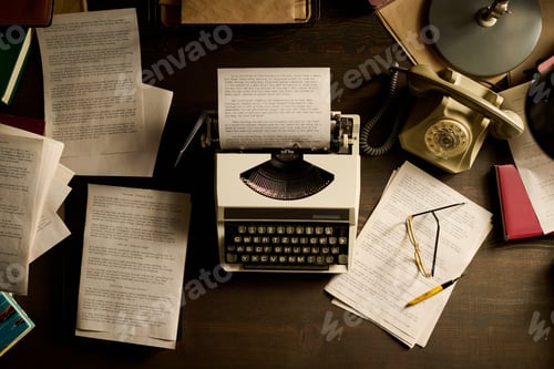 Preview: Vintage Typewriter Creating Manuscript among Scattered Papers on Wooden Desk