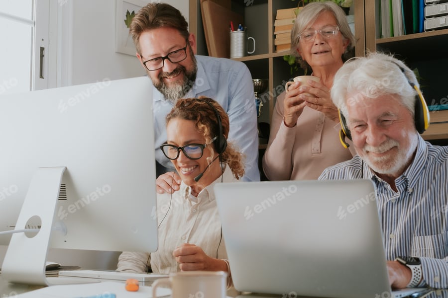 Cover for Group of old and middle age business people working and using computer and laptop discuss projects