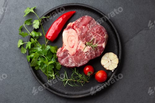 Preview: Raw fresh cross cut veal shank and meat cleaver for making Osso Buco on dark wooden background