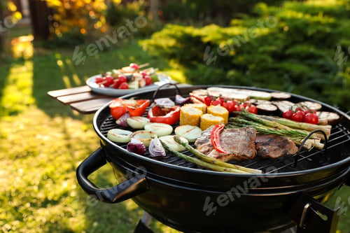 Preview: Delicious grilled vegetables and meat on barbecue grill outdoors