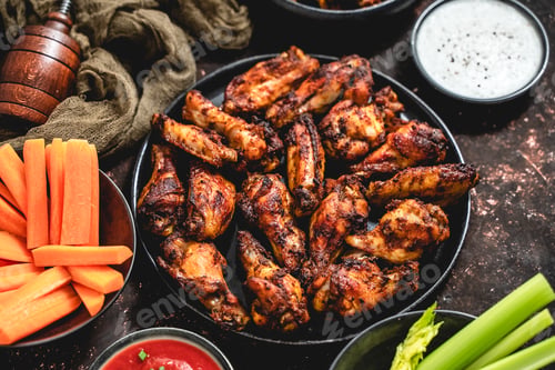 Preview: Grilled chicken wings on a black plate on a dark rustic background