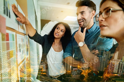 Preview: Planning, ideas and overlay of business people with data in a digital marketing meeting at work. An
