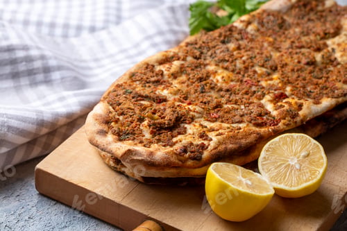 Preview: Turkish name; Kiymali Pide. Traditional Turkish cuisine. Turkish pizza Pita with meat.