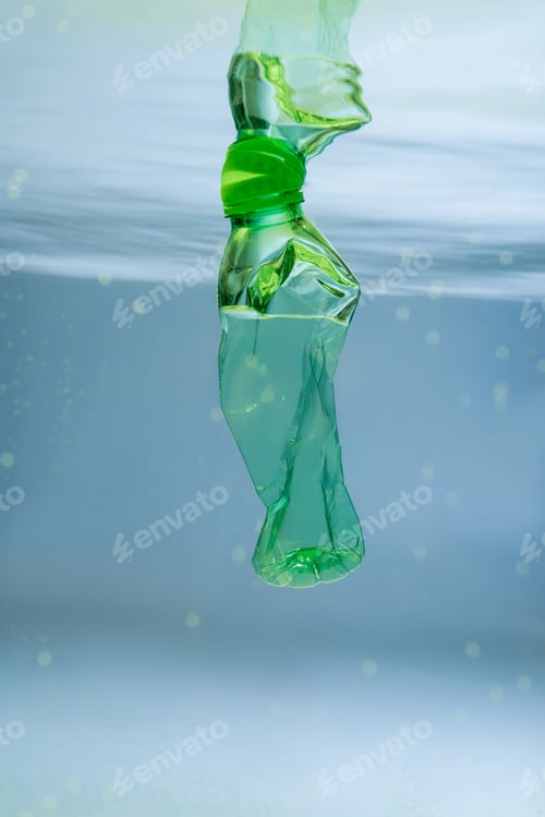 Preview: crumpled plastic bottle in water, ecology concept