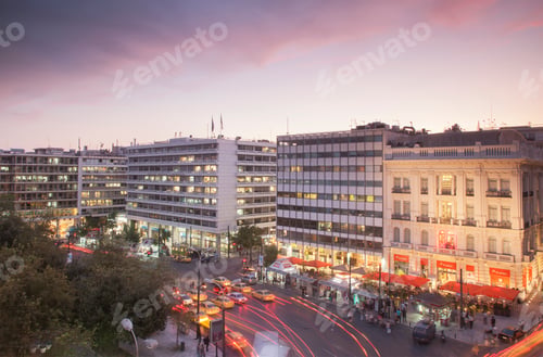 Preview: Taxis in Syntagma Square at dusk, Athens, Greece
