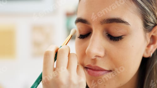 Preview: Woman, do makeup and eye for beauty, salon or studio for cosmetics with smiling girl. Lady, face an