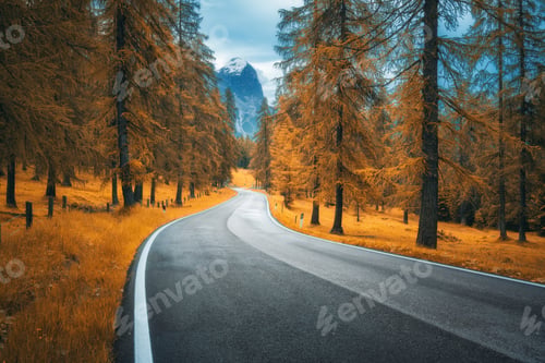 Preview: Road in colorful orange forest in autumn in Dolomites, Italy