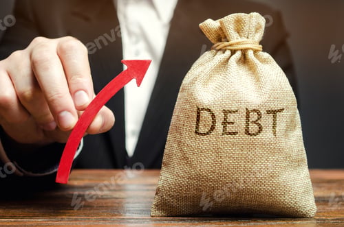 Preview: A bag with the word Debt and an up arrow in the hands of a businessman