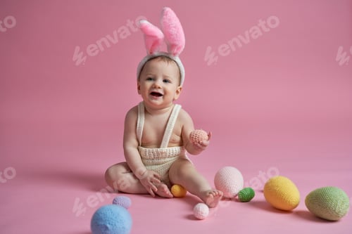 Preview: Smiling caucasian baby in rabbit costume at the studio