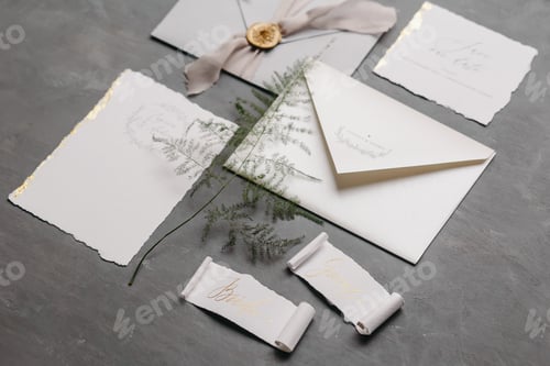 Preview: Flat lay of minimalistic wedding invitation details - letters, plant