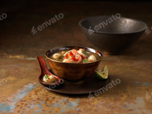 Preview: Bowl of tom yum soup with prawns, chilli and squeezed lime