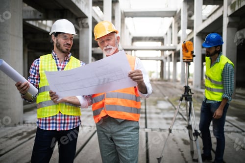 Preview: Team of business people in group, architect and engeneer on building site check documents