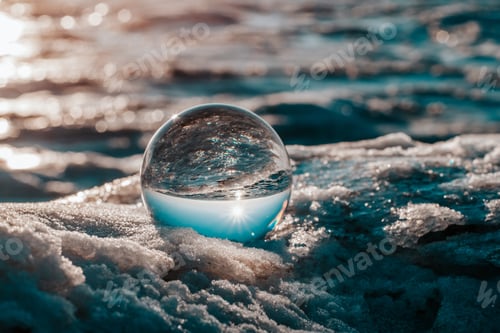 Preview: Crystal ball on the ice is reflecting the blue sky and icy surface