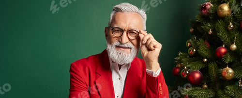 Preview: elegant bearded man in glasses posing next to pine tree on green backdrop, Christmas concept, banner