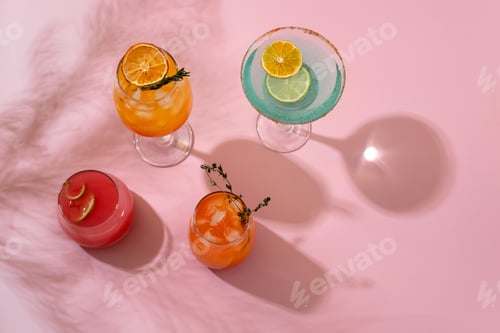 Preview: Colorful tropical cocktails. Refreshing colorful summer drinks on pink background with shadow
