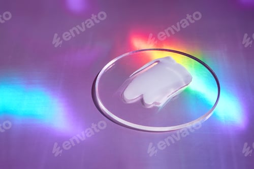 Preview: Smear of cream in petri dish on holographic background with iridescent highlights