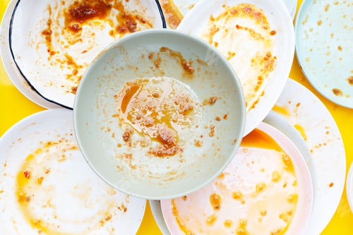Preview: Dirty dishes on yellow background. Top view