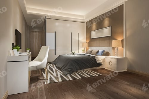 Preview: 3d rendering beautiful luxury bedroom suite in hotel with tv