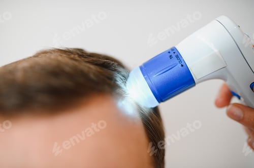 Preview: A trichologist examines the hair of a man who begins alopecia.