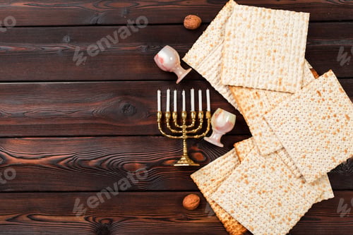 Preview: Jewish holiday Passover banner design with wine, matzo on wooden background.