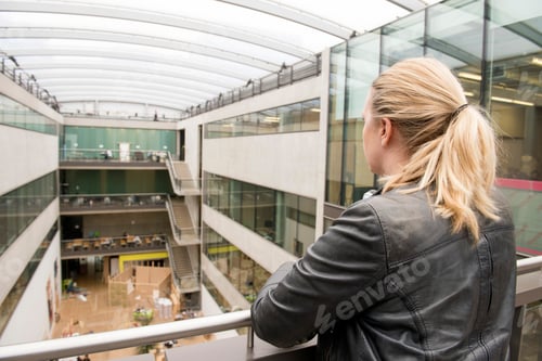 Preview: Rear view of woman on mezzanine of office building